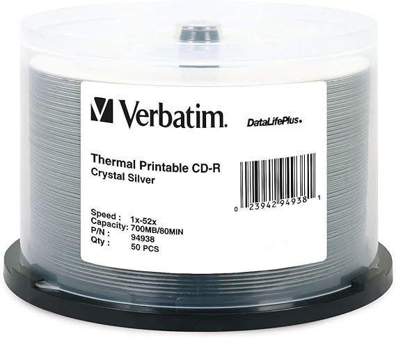 VERBATIM THERMAL PRINTABLE CD-R CRYSTAL SILVER 700MB 52X (50 PACK) Carousel 1