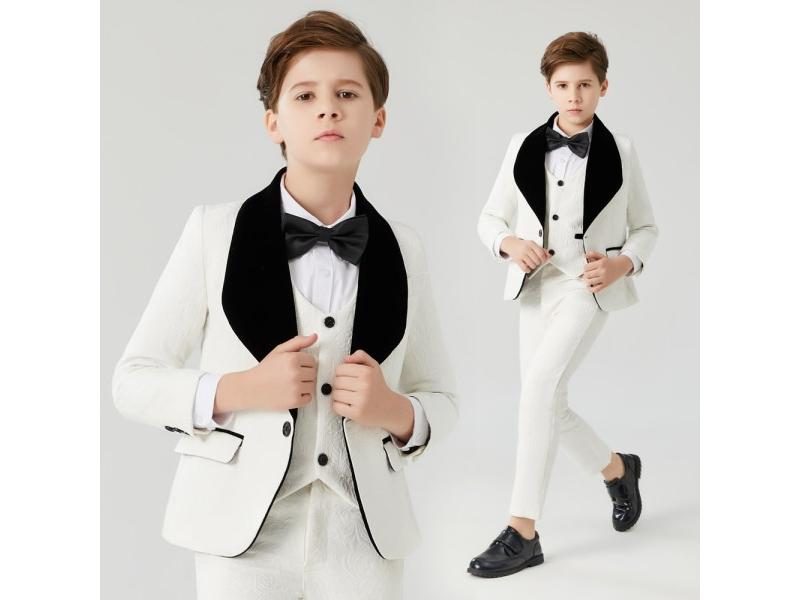 Boys' White Jacquard Formal Suit For Wedding Tuxedo Carousel 2
