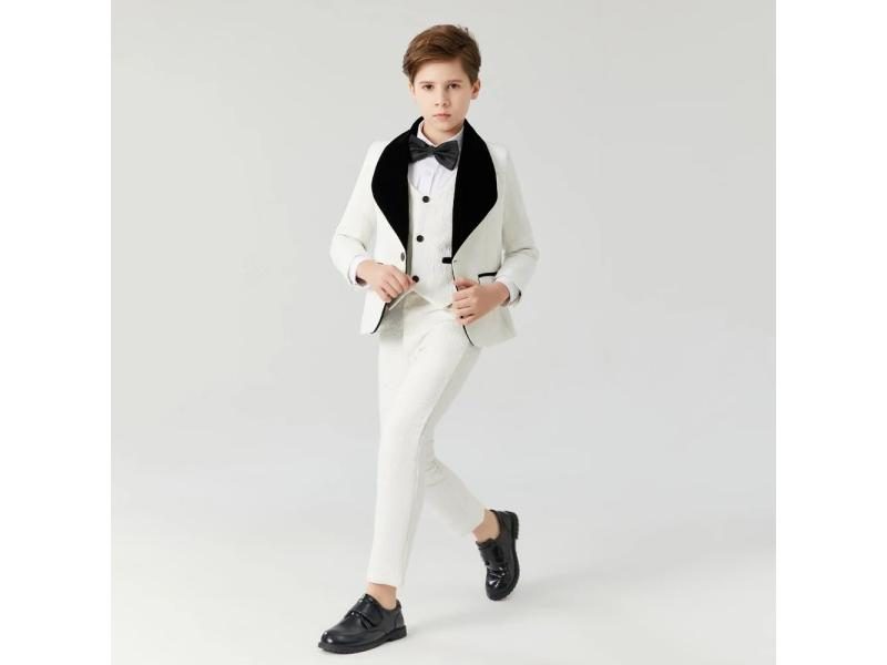 Boys' White Jacquard Formal Suit For Wedding Tuxedo Carousel 1