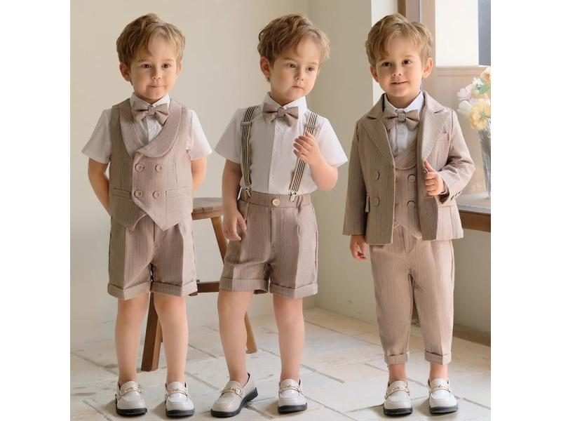 5-Piece Children's Khaki Striped Suit Set For Boy's Party Costume Carousel 2
