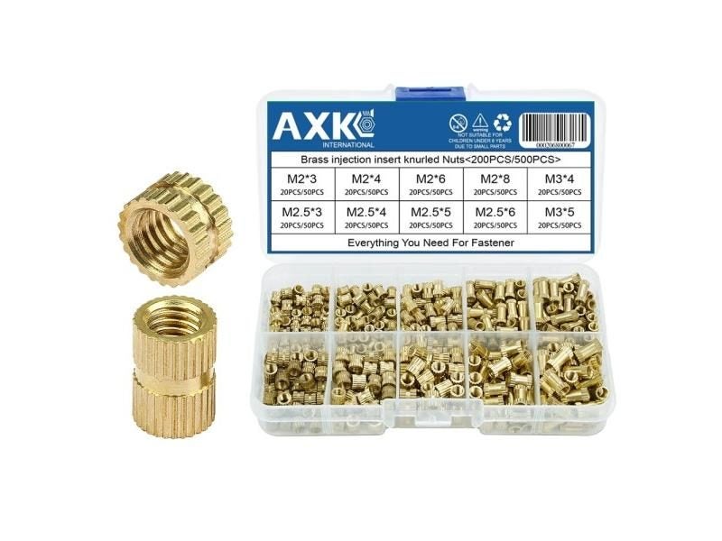AXK 200/500pcs Brass Insert Nuts Kit Female Threaded Insert Set Knurled Nuts Carousel 1