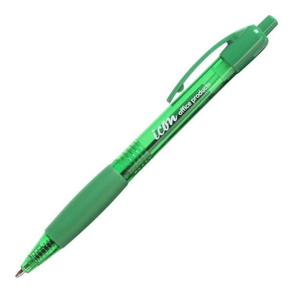 Icon Ballpoint Retractable Pen with Grip Medium Tip Green Pens x 10's pack Carousel 1