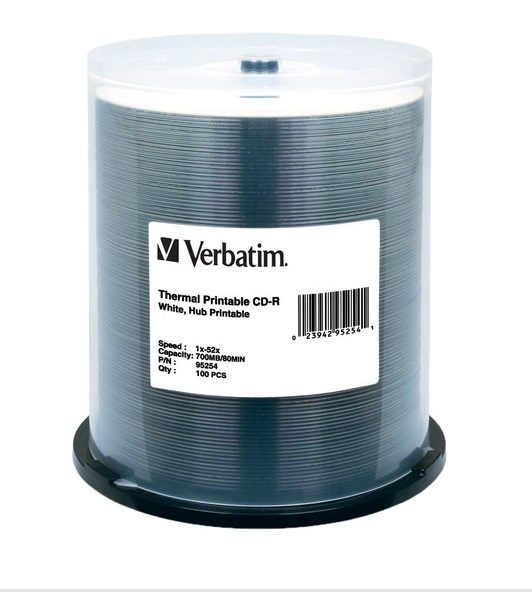 VERBATIM THERMAL PRINTABLE CD-R WHITE HUB PRINTABLE 700MB 52X (100 PACK) Carousel 1