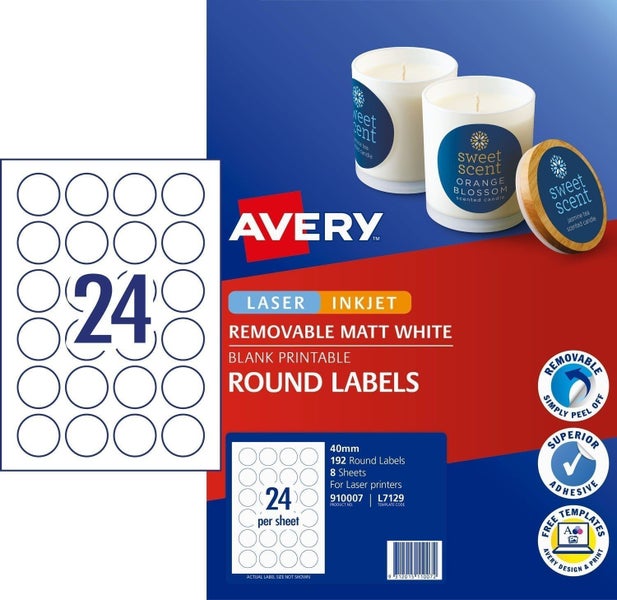 Avery L7129 Matt 40mm Round Labels x 24's x 8 Sheets Carousel 1