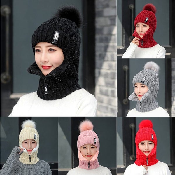 Women's Knitted Caps Plush Pullover Earmuff Bib Cap For Warmth Carousel 2