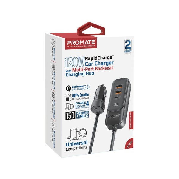 PROMATE 120W In-Car Device Charger with Backseat 3 Port Charging Hub. Includes 2 Carousel 2