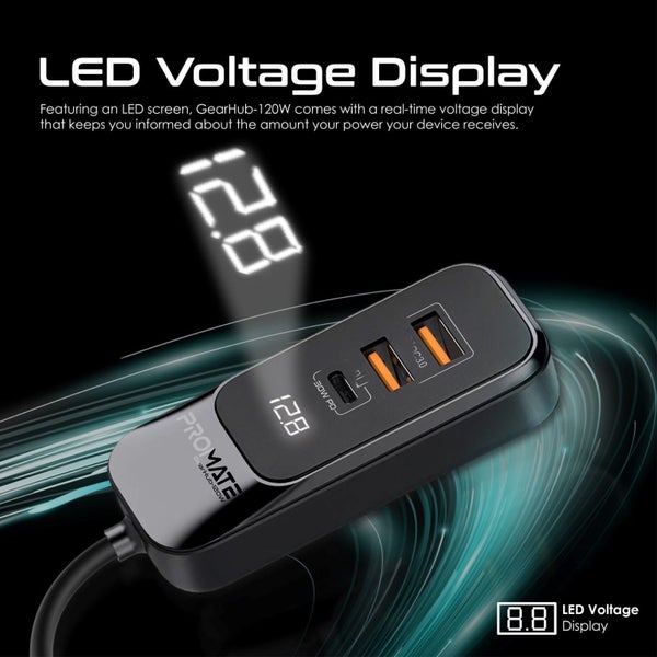 PROMATE 120W In-Car Device Charger with Backseat 3 Port Charging Hub. Includes 2 Carousel 6
