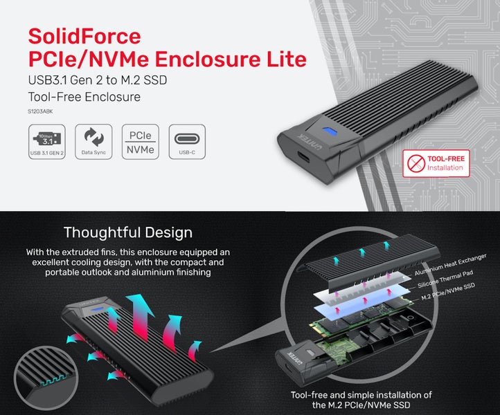 UNITEK USB 3.1 Gen2 to M.2 SSD Tool-Free (PCIe/NVMe) Enclosure. SuperSpeed 10Gbp Carousel 4