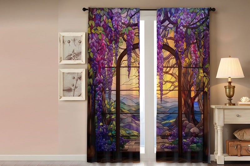 2Pcs 150x166cm Stained Glass Flower Wisteria Printed Curtain for Home Decor Carousel 5