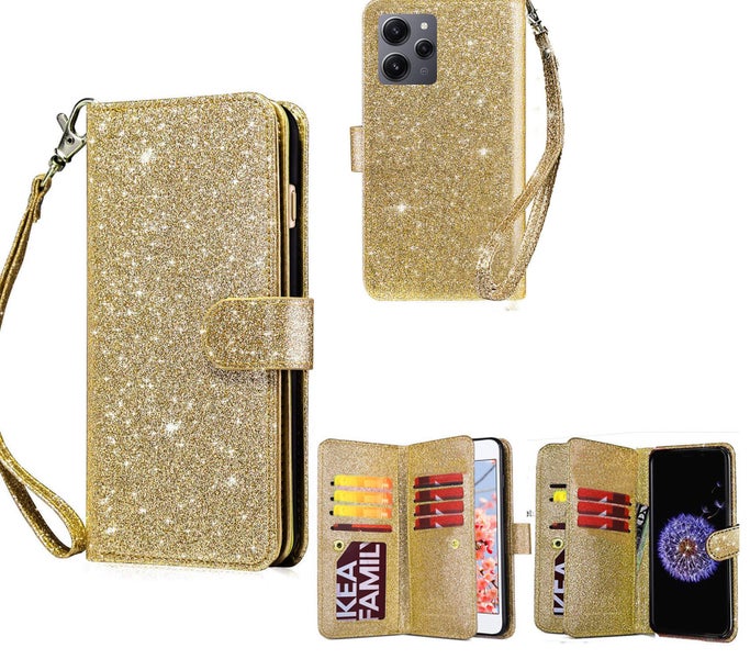 Redmi A3x glitter leather triple wallet multi card slots pockets gold Carousel 1