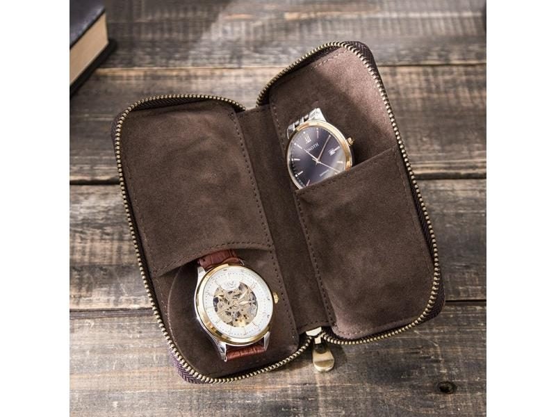 Rustic Leather 2-Slot Watch Box With Zipper Holds 2 Watches Brown Carousel 2