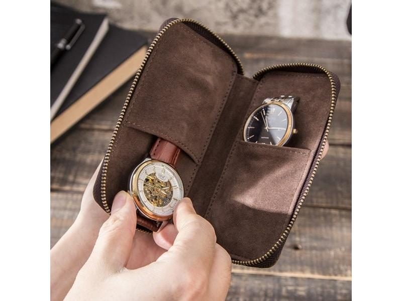 Rustic Leather 2-Slot Watch Box With Zipper Holds 2 Watches Brown Carousel 1