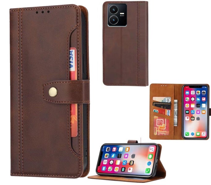 Vivo y22s pu leather wallet case front pocket magnetic closure brown Carousel 1