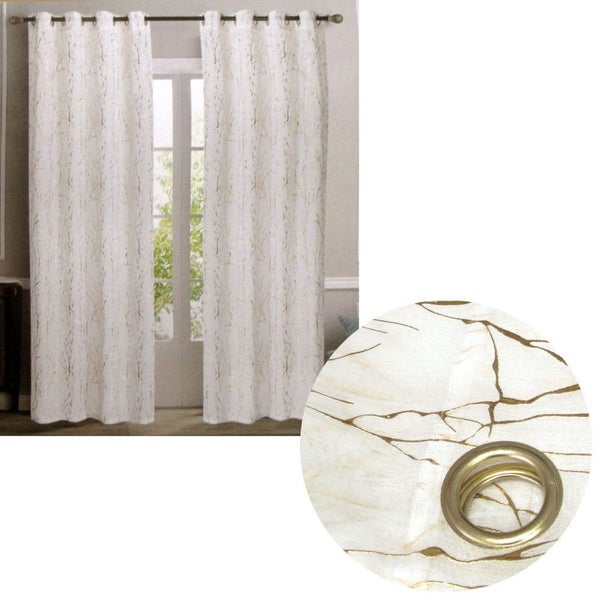 Pair Of Sheer Eyelet Curtains White With Gold Foils 137 X 213 Cm Curtains & Drap Carousel 1