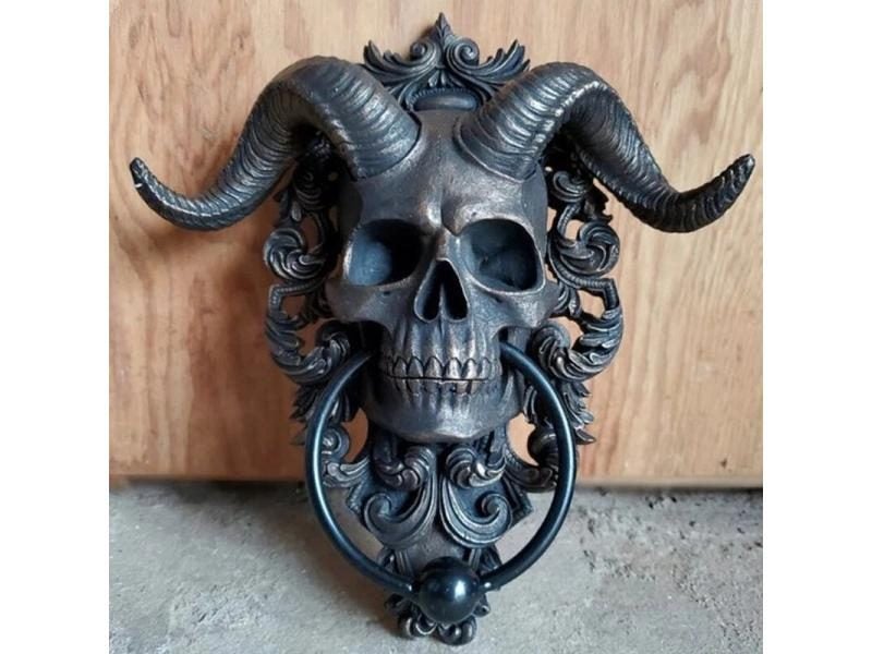 Modern Art Door Ring Hell Demon Horned Skull Hanging Knocker Gothic Heavy Duty Carousel 2