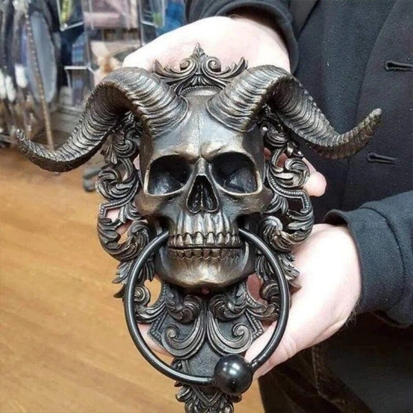 Baphomet Horned God Skull Hanging Door Knocker Heavy Duty Gothic Door Knocker Carousel 2