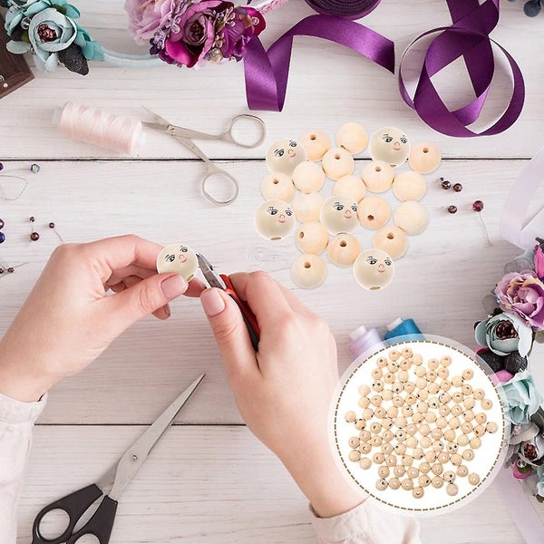 50pcs Round Wooden Smile Face Beads Wood Loose Beads Round Spacer Beads With Ho Carousel 2