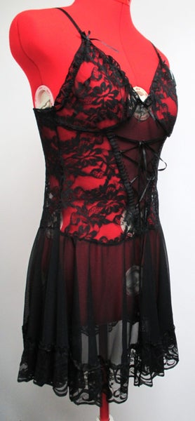 Black Lace and Fine Mesh Mini Negligee, Size 10. Carousel 2
