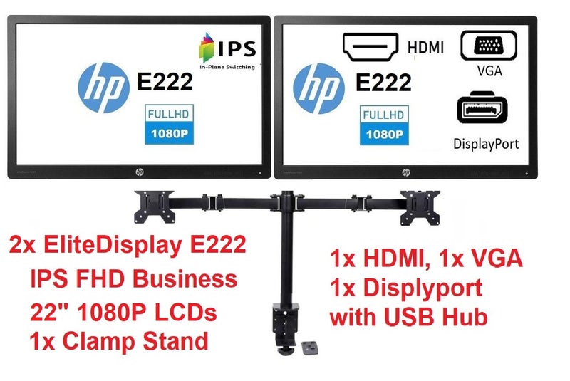 2x HP EliteDisplay E222 21.5" Professional IPS LCDs with Dual Arm clamp Stand Carousel 1