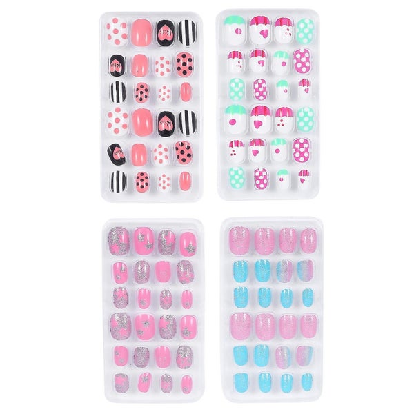96pcs/4 Boxes Girl False Nails Kids Press On Short Fake Nails False Fingernails Carousel 1