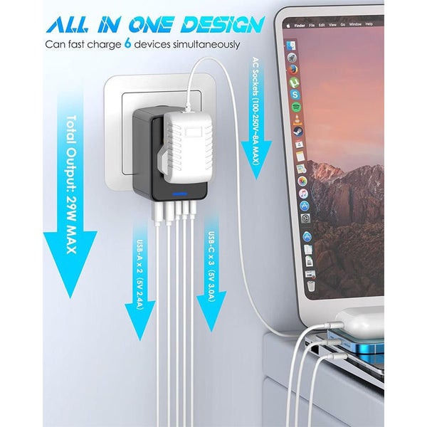 Universal Travel Adapter Offers 5.8A 3X 3.0A USB-C Ports 2X 2.4A USB-A Ports Carousel 2