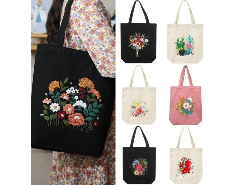 1Set DIY Canvas Tote Bag Embroidery Kit With Flower Pattern Instructions DIY Carousel 2