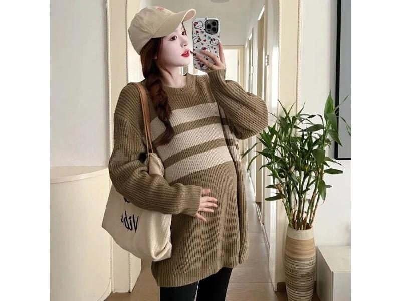Westernized Pregnant Women's Autumn-winter New Korean Stripe Mid-length Sweater Carousel 1
