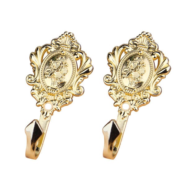 Pair Of Zinc Alloy Vintage Drapery Hooks Rose Pattern Curtain Holdbacks gold Carousel 1