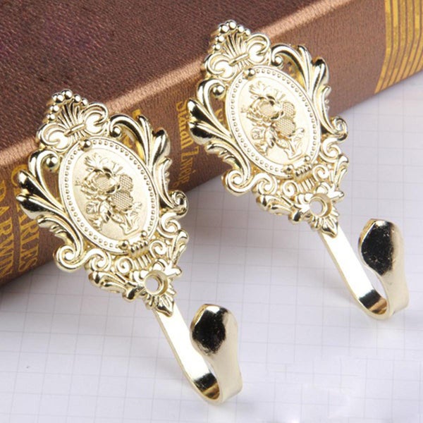 Pair Of Zinc Alloy Vintage Drapery Hooks Rose Pattern Curtain Holdbacks gold Carousel 2