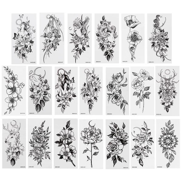 20 Sheets Spooky Stickers Full Sleeve Fake Black Flower Tattoo Stickers Tattoos