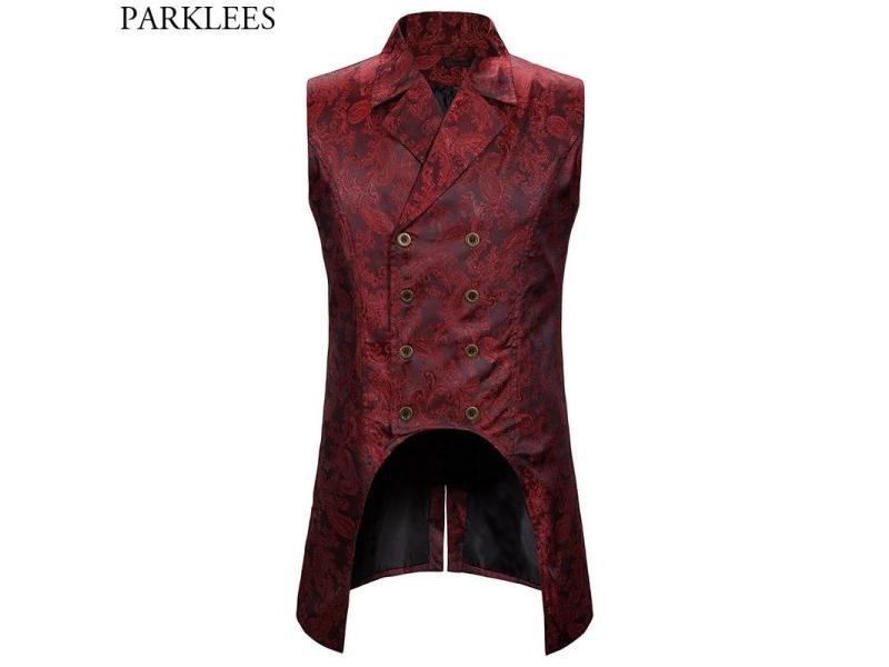 Wine Red Paisley Jacquard Long Double Breasted Lapel Vest For Men Carousel 2