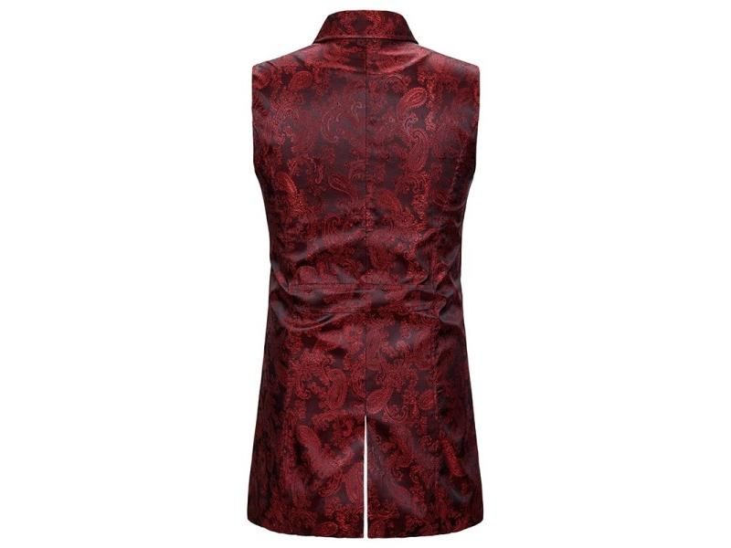 Wine Red Paisley Jacquard Long Double Breasted Lapel Vest For Men Carousel 1