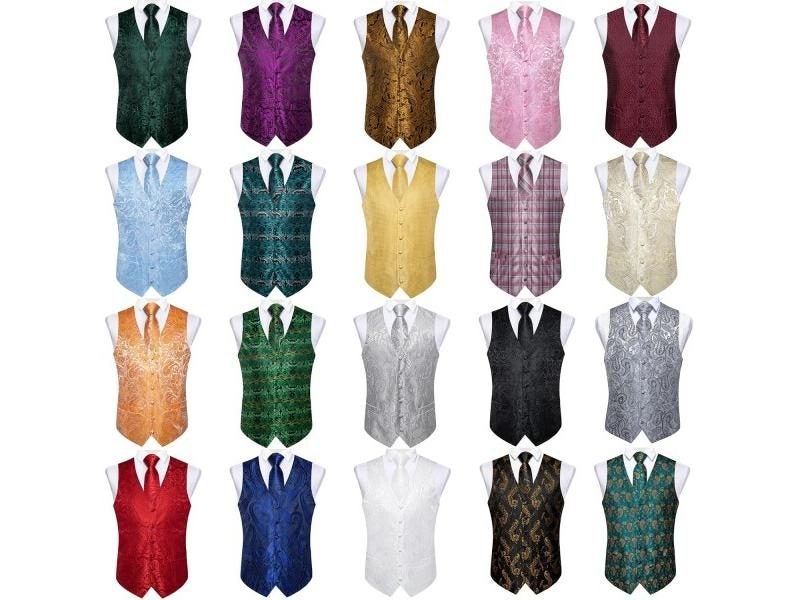 Fashion Men's Green Paisley Business Vest Red Waistcoat Necktie Pocket Square Carousel 2