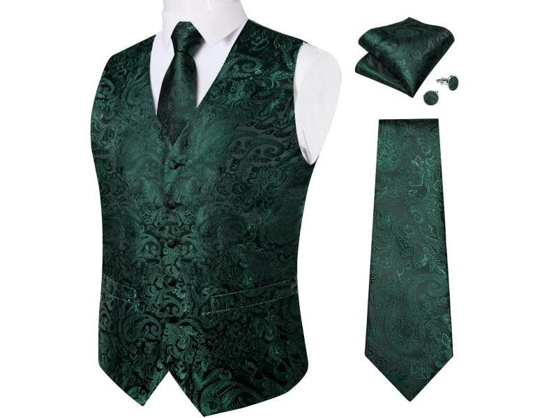 Fashion Men's Green Paisley Business Vest Red Waistcoat Necktie Pocket Square Carousel 1