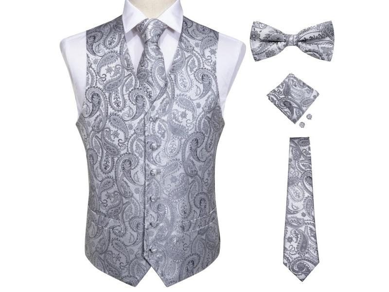 Mens Classic Silver Paisley Silk Waistcoat Vest Suit Vest Set Carousel 2