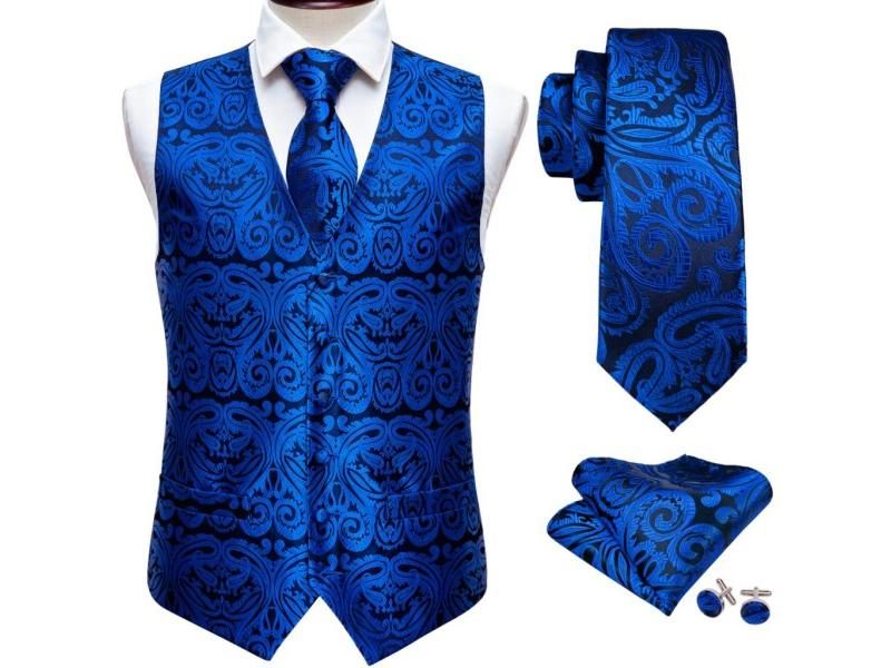 Men's Silk Vest In Royal Blue Navy Paisley Formal Waistcoat Carousel 1