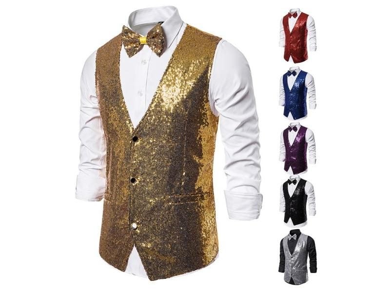 Hot Men's Shiny Gold Sequin Blazer For Night Club Wedding Carousel 2