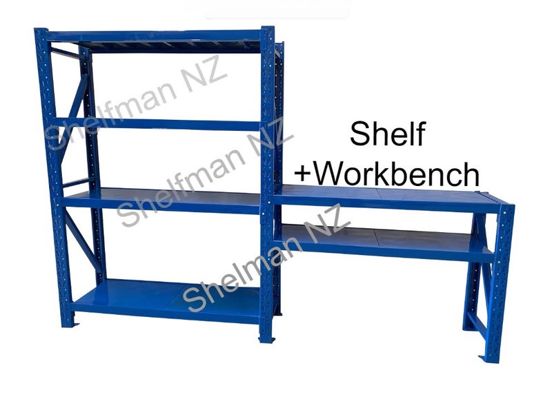 Heavy duty shelving unit 2m L x 0.6 D x 2m H + workbench 2m L x 0.6 D x 1m H Carousel 1