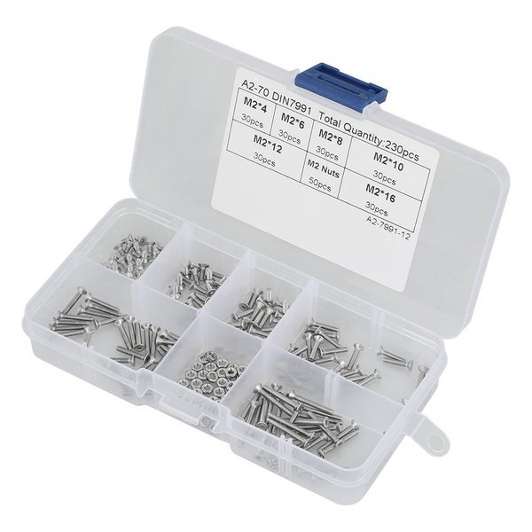230pcs M2 304 Stainless Steel Flat Head Bolt Screws Nuts Assortment Kit with Box Carousel 2