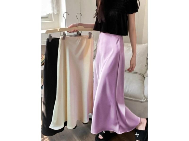 Elegant Women's Skirts High Waist Silk Satin A-line Skirt Lady Fashion Solid Carousel 2