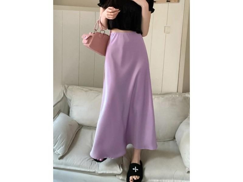 Elegant Women's Skirts High Waist Silk Satin A-line Skirt Lady Fashion Solid Carousel 1