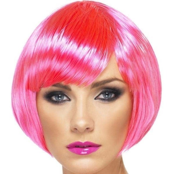 Babe Wig Adult Neon Pink Short Bob with Fringe Sci Fi Costume Accessory Carousel 1