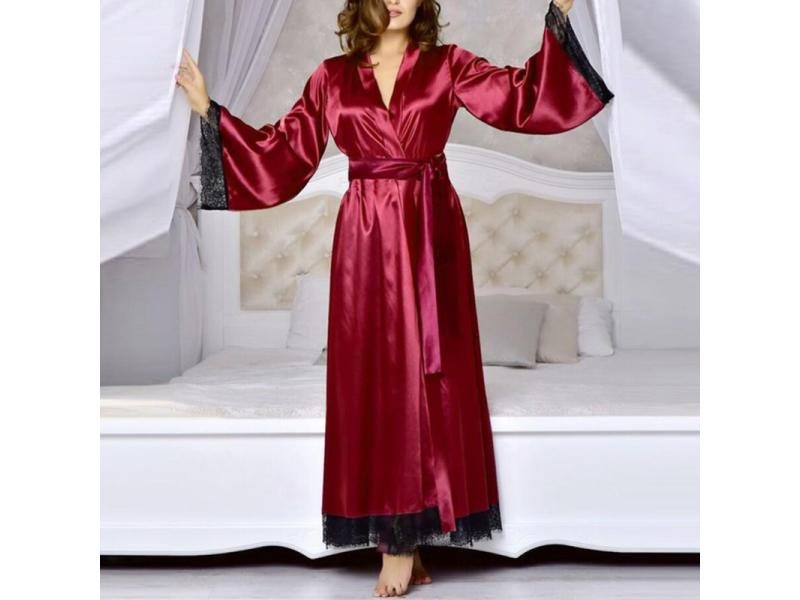 Women Long Bathrobe Kimono Satin Nightdress Nightgown Nightwear Sleepwear Soft Carousel 1