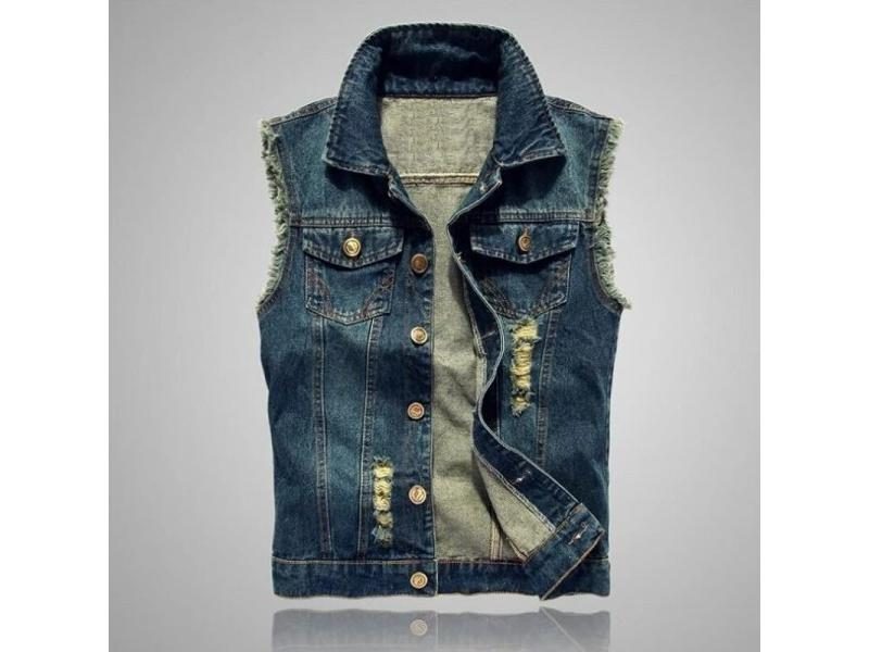 Men's Denim Sleeveless Jacket Ripped Cotton Jean Vest Casual Jeans Waistcoat Carousel 1