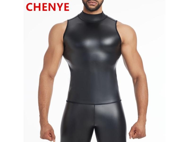 Mens Stand Collar Leather Vest Undershirt Tank Top Sleeveless Shirt Waistcoats Carousel 1