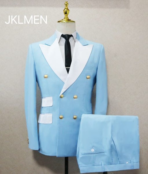 Light Blue Smoking Jacket Pants With Gold Buttons For Men's Party Tuxedo Suit Carousel 1
