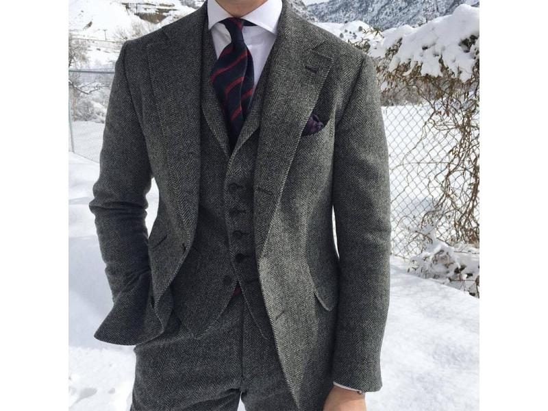Gray Wool Tweed Winter Men Suit's For Wedding Formal Groom Tuxedo Herringbone Carousel 2