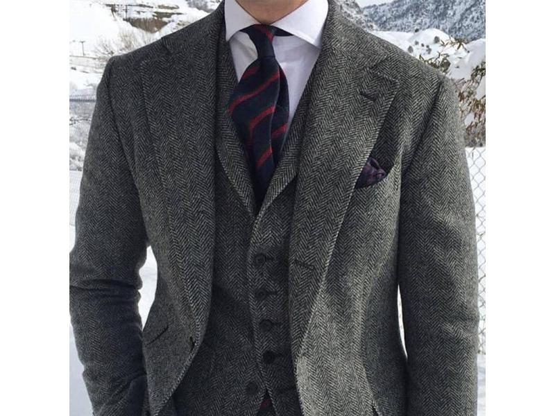 Gray Wool Tweed Winter Men Suit's For Wedding Formal Groom Tuxedo Herringbone Carousel 1