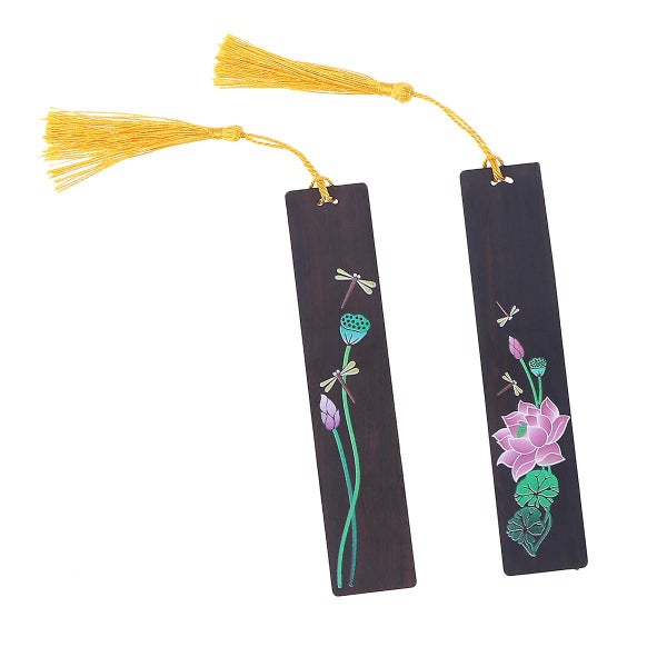 2 Pcs Wooden Handmade Bookmark Chinese style Lotus With Dragonfly Painted Bookm Carousel 1