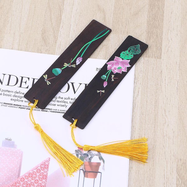 2 Pcs Wooden Handmade Bookmark Chinese style Lotus With Dragonfly Painted Bookm Carousel 2